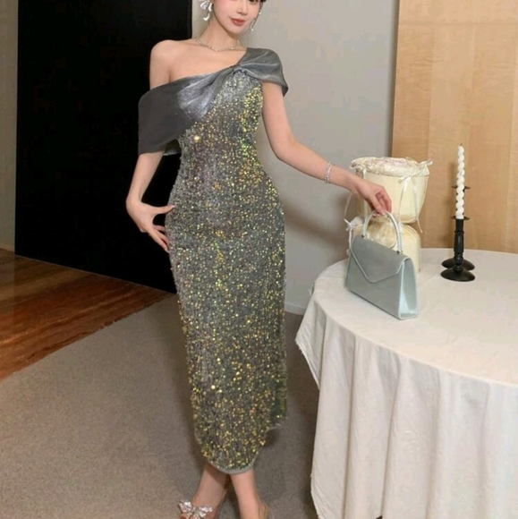 Sequin Bow Twist Accent Fitted Off Shoulder Party Dress For Women Prom Dres - Picture 2 of 4